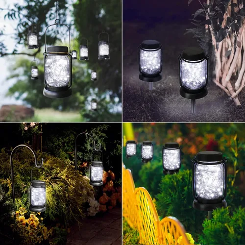 Vista 8 de Mlambert - Juego de 4 luces solares colgantes para frasco Mason, estilo jarra agrietada, color blanco frío, con estacas, impermeables, decorativas