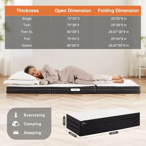 Vista 6 de Sweetcrispy Colchón plegable, cubrecolchón de espuma viscoelástica de triple pliegue de 3 pulgadas para campamento, cubrecolchón plegable con funda