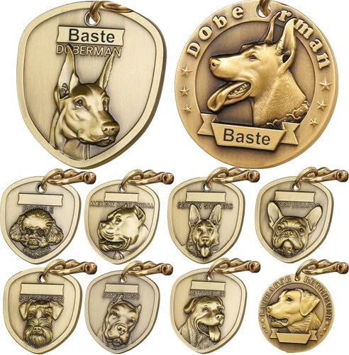Etiquetas personalizadas para perros Doberman para mascotas, etiqueta de identificación de nombre de perro grabada personalizada, de cobre puro, 3D
