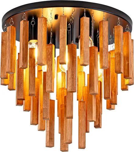 Vista 9 de Lámpara de Techo Estilo Granja, Lámpara de Techo Empotrada Redonda de 2 Luces con Marco de Madera y Metal, Luminaria Rústica Negra para Pasillo