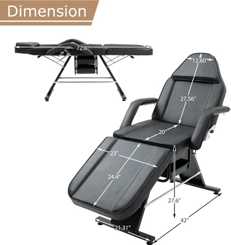 Vista 7 de Silla de tatuaje de salón de masaje con dos bandejas, cama esteticista con taburete hidráulico, mesa de cama facial multiusos de 3 secciones,