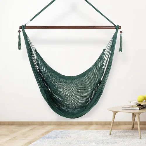 Vista 3 de Larga silla hamaca grande caribeña con reposapiés, 48 pulgadas, poliéster, silla de colgar., Verde