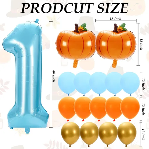 Vista 2 de Whaline 17 globos de calabaza para el primer cumpleaños, globos de calabaza número uno, globos azules, dorados, naranjas, para otoño, Acción