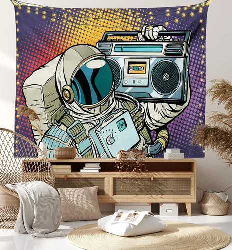 Vista 8 de Lunarable Tapiz de rapero tamaño Queen, astronauta con un boombox retro para escuchar música en el espacio, impresión de audio de tira cómica