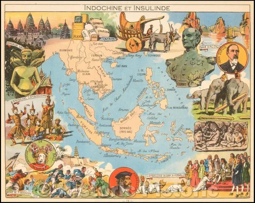 Mapa histórico - Indochine et Insulinde/Mapa pictórico del sudeste asiático y Filipinas, 1950, Joseph Porphyre Pinchon - Arte de pared vintage