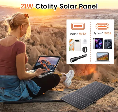 Vista 3 de Panel solar portátil de 21 W, cargador de panel solar plegable de alta eficiencia con doble USB-A/Tipo-C, impermeable IP65, compatible
