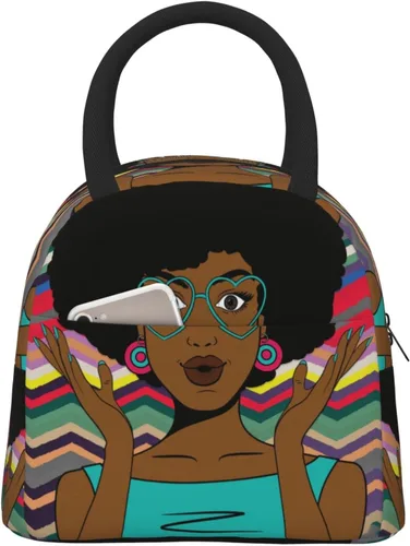 Vista 12 de Fiokroo Bolsa de almuerzo aislada con aislamiento para niñas afroamericanas, reutilizable, impermeable, bolsa de almuerzo para escuela, trabajo