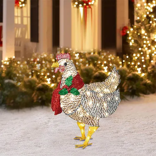Plplaaoo Decoración navideña de pollo iluminado con luces LED – Adorno de pollo iluminado con bufanda, funciona con pilas, decoración de pollo