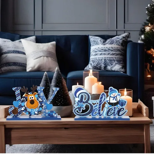 Vista 5 de Blulu 3 piezas de decoración de Navidad para centros de mesa de interior para mesas, letreros de madera de granja, centros de mesa de Navidad