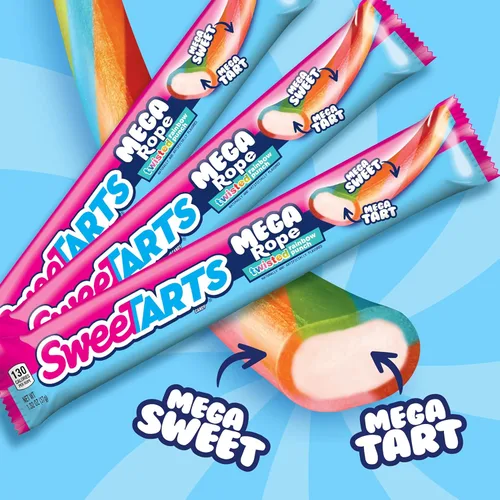 Vista 3 de SweeTARTS Mega Filled Ropes Candy, Twisted Rainbow Punch, Dulce y Ácido, 1.32 oz (Paquete de 24)