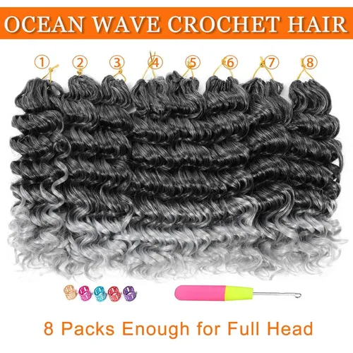 Vista 4 de Ocean Wave TGray - Cabello rizado de ganchillo de 14 pulgadas de onda profunda para mujeres, cabello de ganchillo ondulado profundo