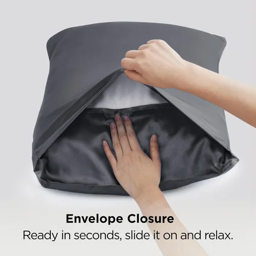 Vista 122 de Bedsure - Juego de fundas de almohada de satén tamaño king, 2 unidades - Fundas de almohada gris plateado para cabello y piel con cierre de sobre