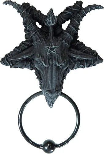 Vista 5 de Ebros Samael Lilith Baphomet de piedra sintética sabática de cabra de Mendes con cabeza en pentagrama invertido estrella para puerta de 6.5 pulgadas