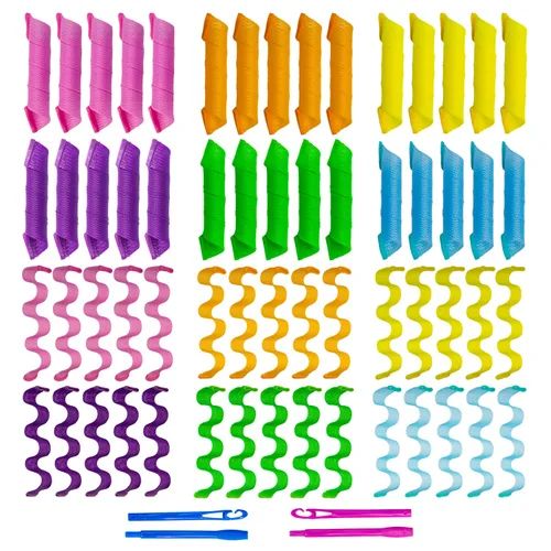 60 rizadores de pelo sin calor, kit de peinado en espiral y ondulado, 2 estilos, rizadores sin calor con 2 ganchos para mujeres y niñas, cabello