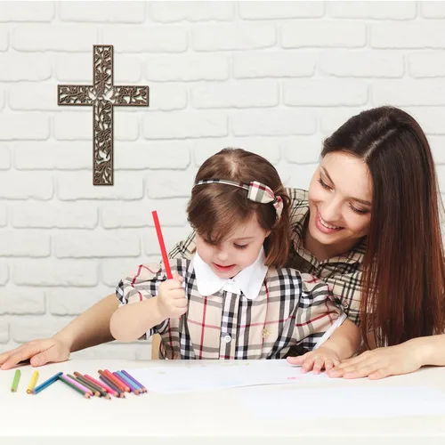 Vista 7 de Yookeer Cruz de madera para colgar en la pared, paloma religiosa, decoración de sala de estar, decoración rústica de madera para el hogar