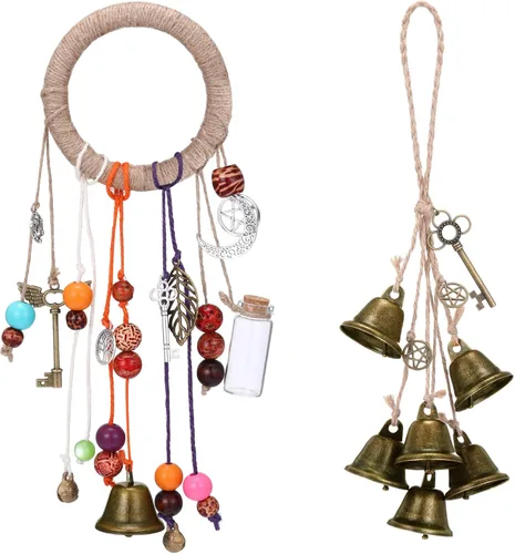 Vista 11 de Jetec 2 piezas de campanas de bruja para proteger las puertas, campanas de viento de bruja, corona hecha a mano para decoración de puerta del hogar