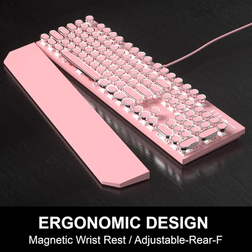 Vista 5 de Combo de teclado y mouse estilo máquina de escribir rosa retro, bonito teclado mecánico con cable iluminado con interruptores rojos lineales