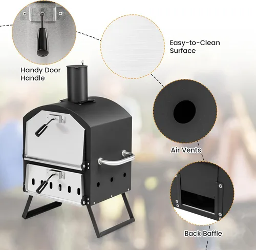 Vista 8 de PETSITE Horno de pizza para exteriores, horno de pizza de pellets de madera con piedra para pizza de 12 pulgadas y cubierta impermeable, diseño de 2