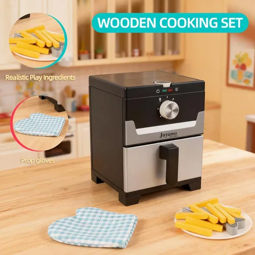 Vista 6 de Freidora de aire de madera, 15 piezas, juego de olla a presión de 18 piezas para niños, juguete de cocina con accesorios de alimentos, utensilios