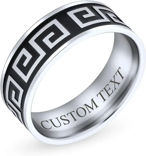 Vista 3 de Bling Jewelry Anillo rectangular geométrico para hombre, diseño griego, circonita cúbica, color negro, rectángulo, para hombre, acero inoxidable