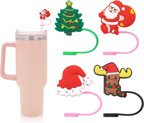 Fundas de popote de silicona para vasos Stanley, accesorios de tapa lindos compatibles con vasos de 30 y 40 onzas (4 unidades de 0.394 in de Navidad)