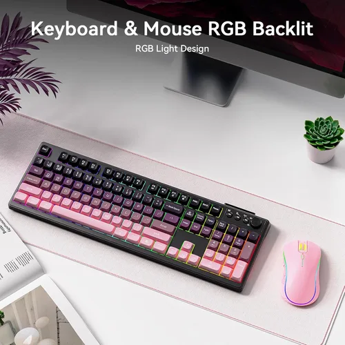 Vista 7 de Combo de teclado y mouse inalámbricos, batería recargable con retroiluminación RGB de 2000 mAh, teclados de computadora inalámbricos, teclado