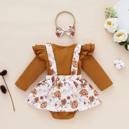 Vista 2 de Conjunto de mameluco para bebé y niña, con estampado floral de texto "Got It from My Mama", con volantes, ropa, pantalones cortos, trajes con diadema