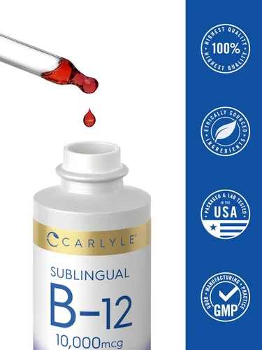 Vista 7 de Gotas líquidas sublinguales de vitamina B12 Carlyle 10,000 mcg 2 fl oz Vegetarianas, sin transgénicos, sin gluten