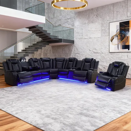 Vista 11 de Juego de sofá modular reclinable eléctrico para sala de estar, juego de sofá reclinable de cuero con luces LED / almacenamiento oculto, sofá en Beige