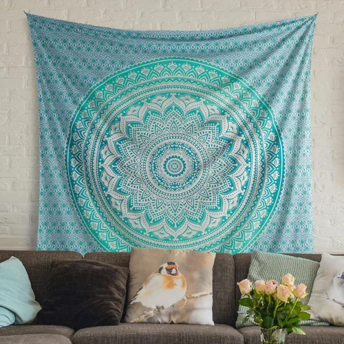 Vista 3 de THE ART BOX Tapiz de algodón indio con mandala verde, bohemio para colgar en la pared para dormitorio o sala de estar, decoración de tapiz estético