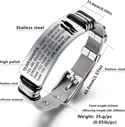 Vista 3 de Pulsera inspiradora con texto en inglés "To My Daughter", pulsera ajustable grabada para regalar a hija de papá y mamá