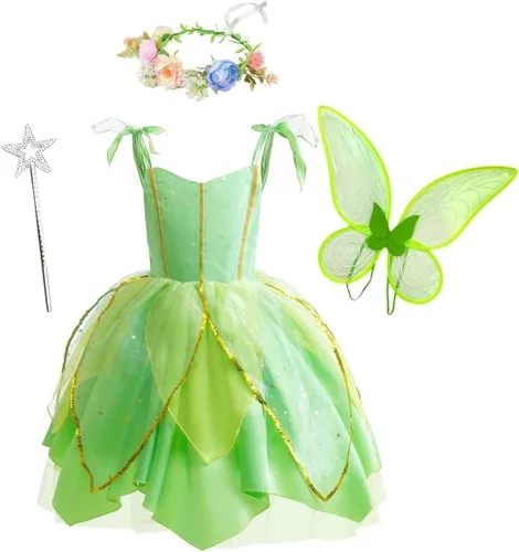 Dressy Daisy - Disfraz verde de hada para Halloween, fiesta de cumpleaños, con alas de mariposa para niñas pequeñas, talla 2T a 14 Vestido con