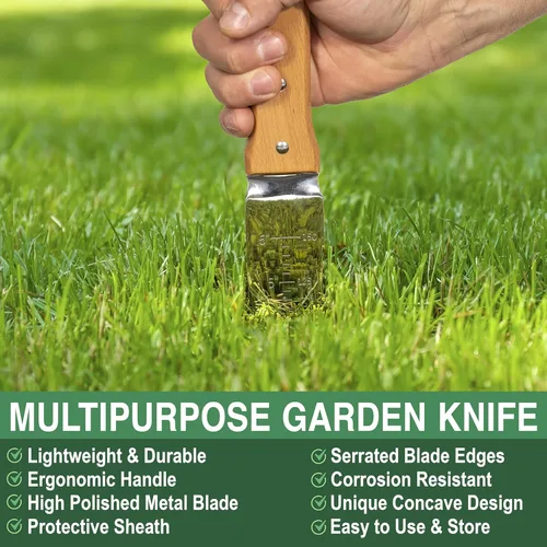 Vista 4 de Grampa's - Cuchillo de jardín versátil de 7 pulgadas Hori Hori con hoja de acero recta y dentada. Herramienta de mano de jardín resistente