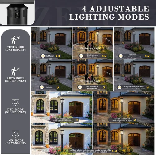 Vista 3 de zeyu Luz de poste con sensor exterior, lámpara de poste de lámpara para exteriores de 12.2 pulgadas, detección de 360°, 4 modos, aluminio fundido a