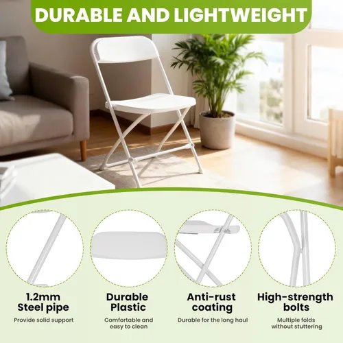 Vista 4 de White Folding Chair, Portable Plastic Folding Chairs for Indoor Outdoor, Stackable Commercial Seat with Steel Frame 350lb.Capacity for Party Events