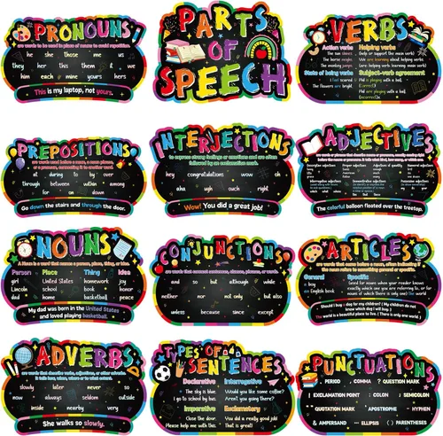 Vista 10 de Pasimy 12 piezas de pósteres de discurso, gráfico de gramática en inglés, decoración de tablón de anuncios para escuela primaria, secundaria