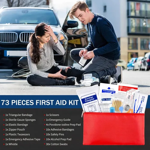 Vista 6 de XOOL Kit de emergencia para automóvil con cables de puente, kit de primeros auxilios, correa de remolque y juego de herramientas – Kit de seguridad