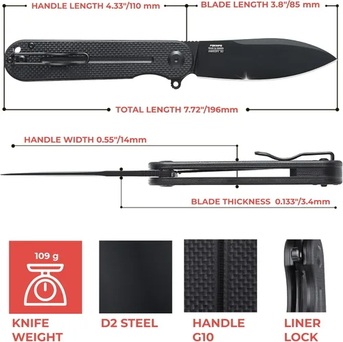 Vista 19 de Firebird Ganzo FH922PT-BK EDC Navaja de bolsillo plegable con filo de navaja, acero inoxidable D2, hoja negra, mango G10 con clip, cuchillo
