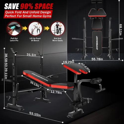 Vista 4 de OPPSDECOR 6 in 1 900LBS Weight Bench with Leg Extension and Leg Curl, Foldable Bench Press Set and Squat Barbell Rack with Preacher Curl, Adjustable