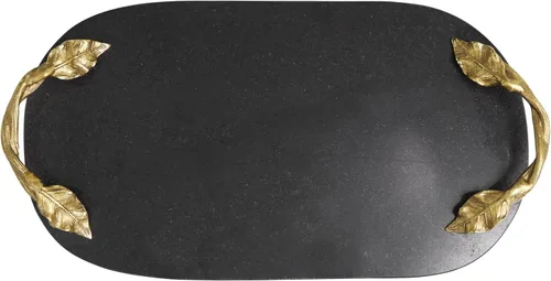 Vista 2 de Deco 79 Bandeja decorativa de mármol para sala de estar, bandeja otomana ovalada con asas de hojas doradas, bandeja para servir de 19 x 10 x 2 Negro