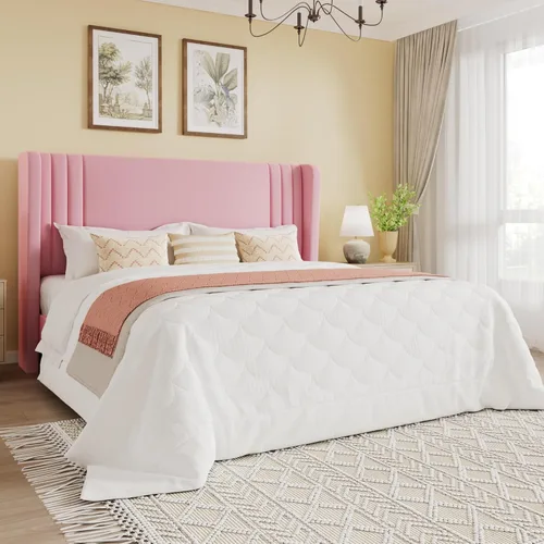 Vista 44 de SHA CERLIN Base de cama tapizada de terciopelo de tamaño matrimonial con cabecera de ala capitonada de canal vertical, soporte de listones