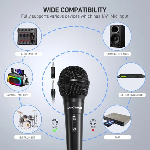Vista 5 de SUDOTACK Micrófono de karaoke con cable de mano: micrófono vocal dinámico para sistema de PA, altavoces AMP con cable de 9.84 pies y interruptor