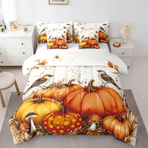 Vista 22 de Feelyou Fall Pumpkin Comforter Set with Sheets 7 Piece Twin Size Autumn Bed in a Bag Kids Boys Girls Pumpkin Maple Leaf Bedding Set Hummingbird Beig