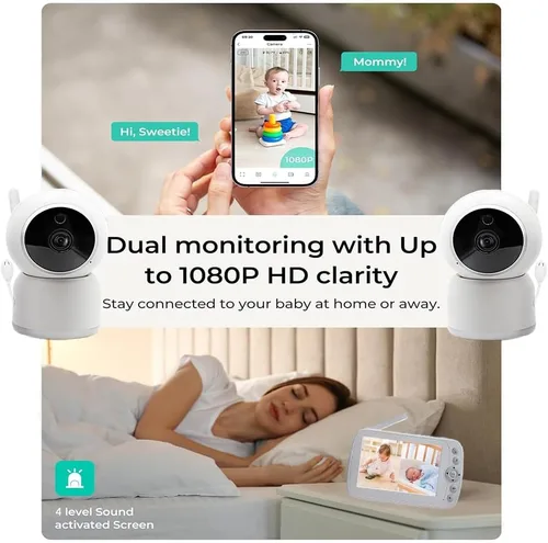 Vista 3 de Monitor inteligente mejorado para bebés con video y audio, pantalla de 720p de 5 pulgadas, cámara de 1080p, visión nocturna HD, PTZ, conversación