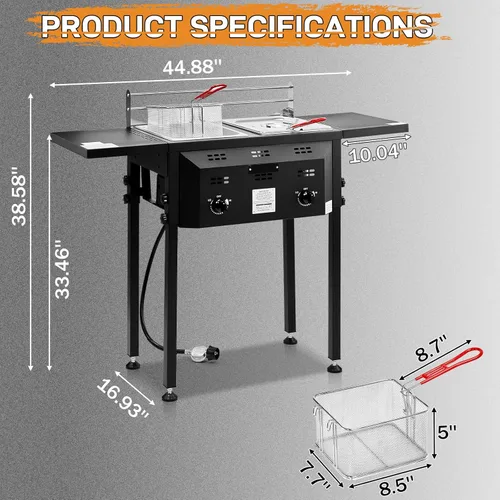 Vista 2 de Outvita Freidora de propano para exteriores, freidora comercial de doble quemador, olla de 16 cuartos de galón con cestas extraíbles, tapas