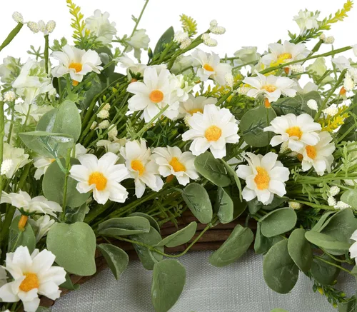 Vista 3 de Corona de primavera de margaritas artificiales de 24 pulgadas con hojas verdes de eucalipto, corona de granja para puerta delantera, pared y Blanco