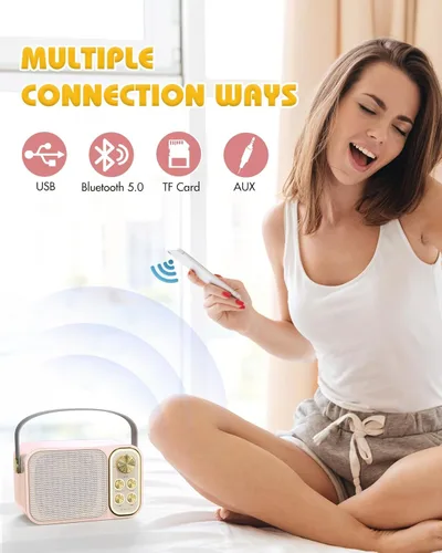 Vista 5 de Mini máquina de karaoke para niños con 2 micrófonos inalámbricos, altavoz Bluetooth portátil, máquina de karaoke para niños para cantar en cualquier