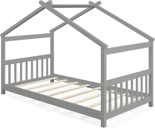 Vista 9 de Giantex Cama de casa individual, cama de madera maciza para niños con techo, cabecera y estribo, marco de cama individual para niños pequeños, Gris