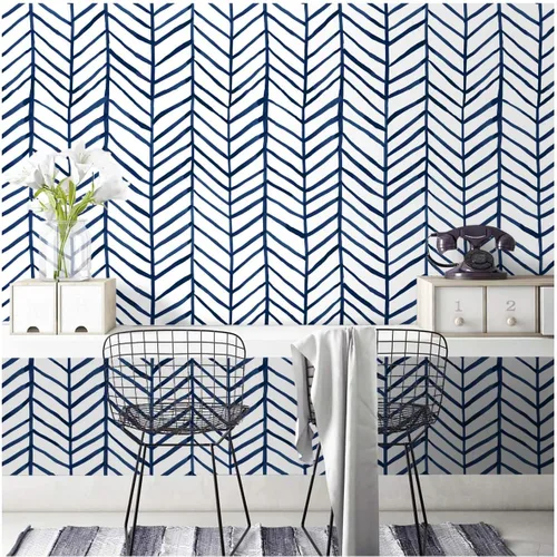 HAOKHOME Papel tapiz azul marino para despegar y pegar, diseño moderno a rayas para baño, decoración extraíble de espiga de 17.7 pulgadas x 9.8 pies