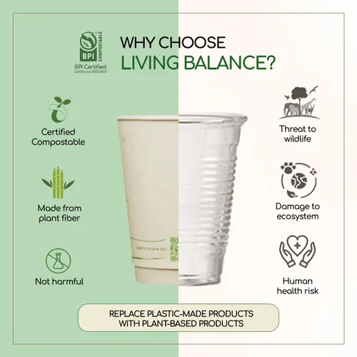 Vista 3 de Living Balance Certified Compostable Coffee Cups 12 oz 50 Pack with Lids
